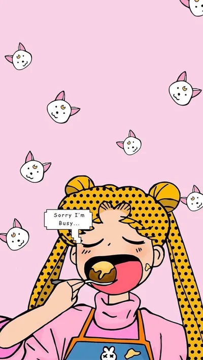 Usagi bites into a chocolate doughnut under a Sorry I'm Busy speech bubble, while white cat faces dot the pink upper half, pale enough that a white clock gets lost.