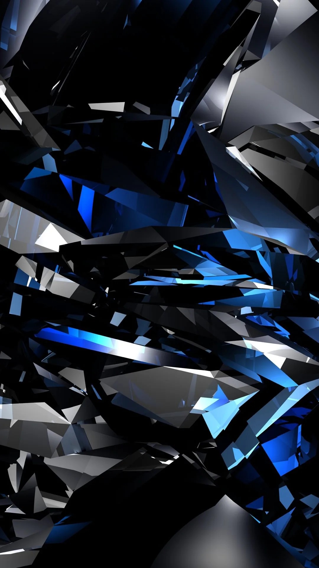 Jagged glass fragments pile up the frame, most of them black and mirror-grey with electric blue burning inside the deepest cracks.