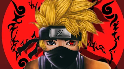A blond, masked ninja stares out with one red Sharingan and one blue eye, black flame shapes radiating across the solid red backdrop.