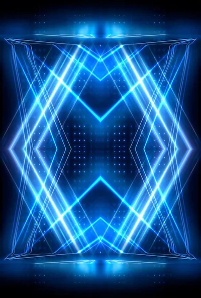 Crossed beams form a giant glowing X inside a stage-like frame, light bouncing off a wet floor at the bottom of this portrait scene.