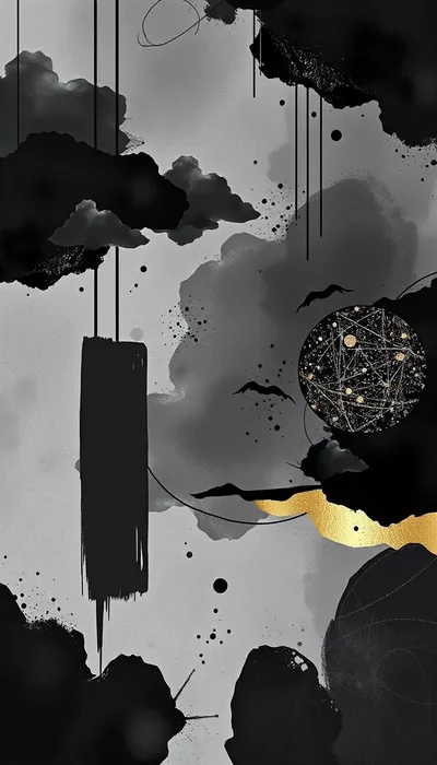 Loose black ink clouds hang from thin drawn lines over a grey wash, one band of gold cutting across the lower third.