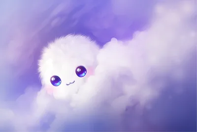 A round ball of white fur with big navy eyes peeks from painted clouds left of centre, so it survives a narrow phone crop.
