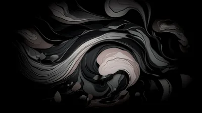 Dark marbled ribbons coil around a pale blush centre, the outer edges of the frame dissolving into flat black.