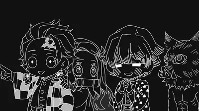 Four characters drawn in white outline on solid black, checked and striped patterns picked out with nothing else on the frame.