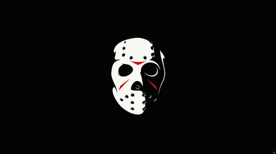 The chipped white hockey mask sits alone on solid black, three red triangles marking the brow and cheeks.