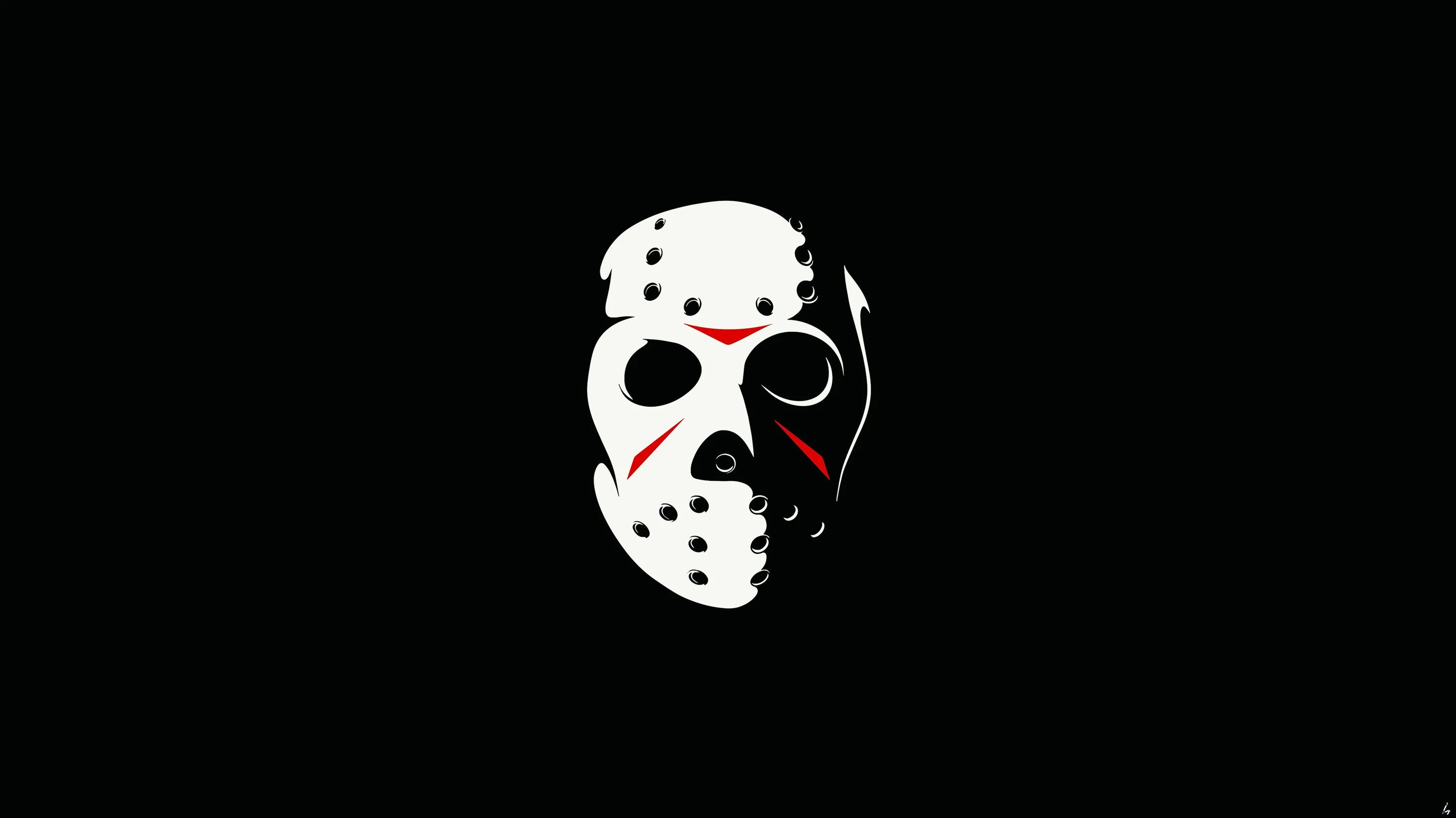 The chipped white hockey mask sits alone on solid black, three red triangles marking the brow and cheeks.