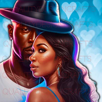 A digital painting of a man in a wide-brimmed hat behind a woman in profile, pink and blue rim light on their faces and pale hearts patterning the sky-blue backdrop.
