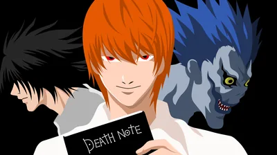 Light holds the notebook up to the camera with a wide smile, L crouching in shadow on the left and Ryuk looming over his right shoulder.