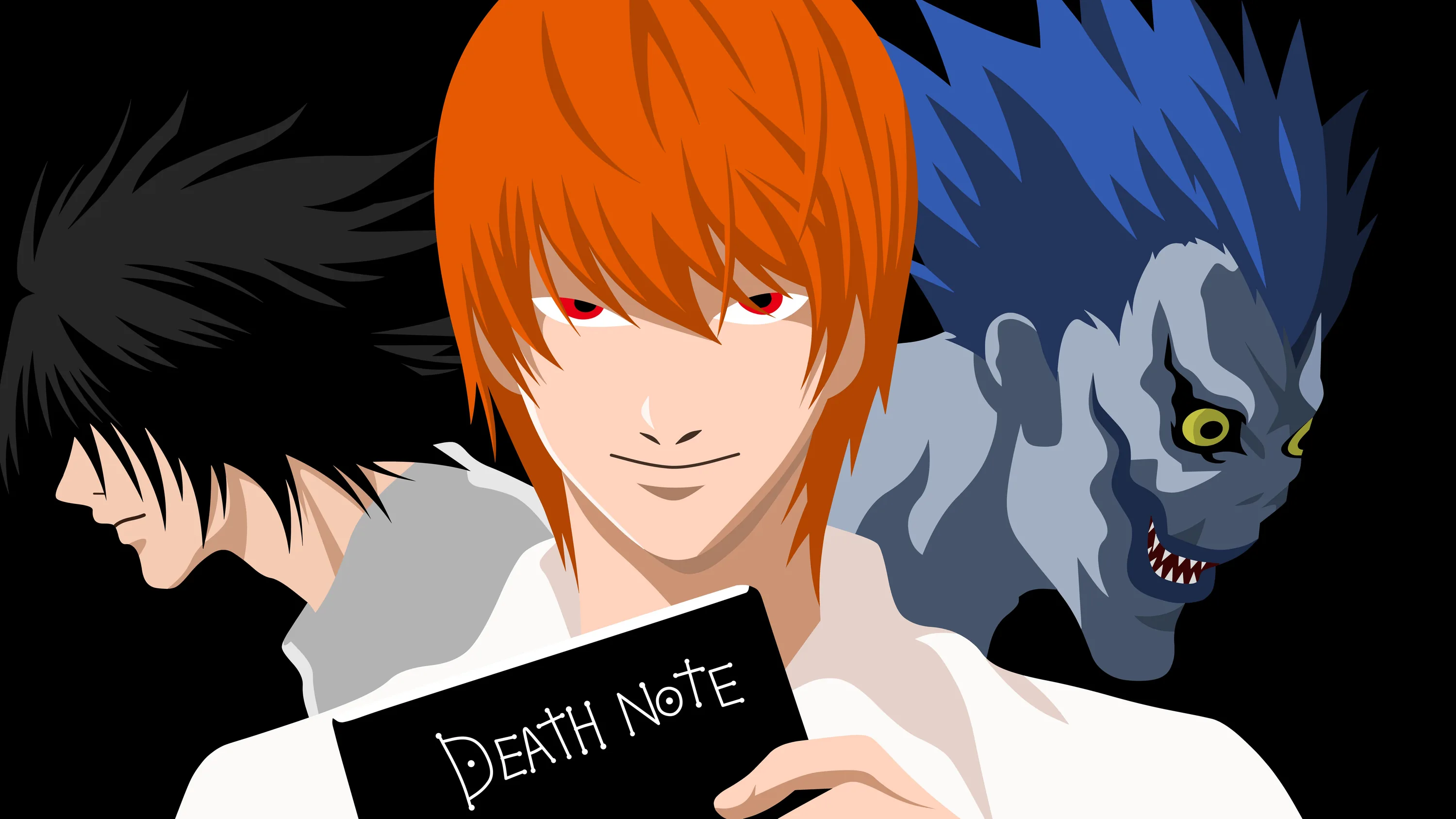 Light holds the notebook up to the camera with a wide smile, L crouching in shadow on the left and Ryuk looming over his right shoulder.