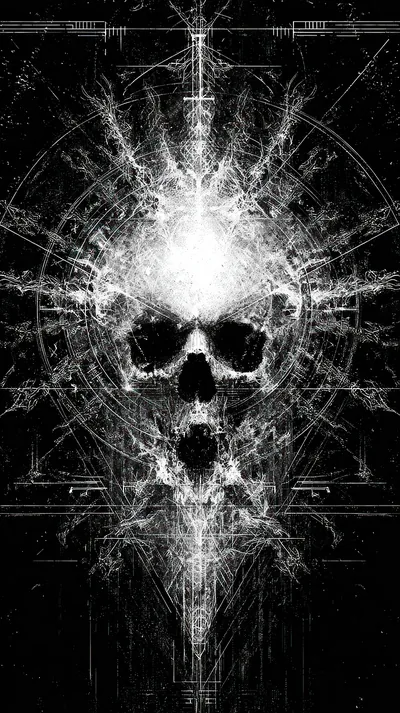A skull dissolves into fine white filaments and circular geometry lines, brightest at the brow and darkening toward the bottom of the tall frame.