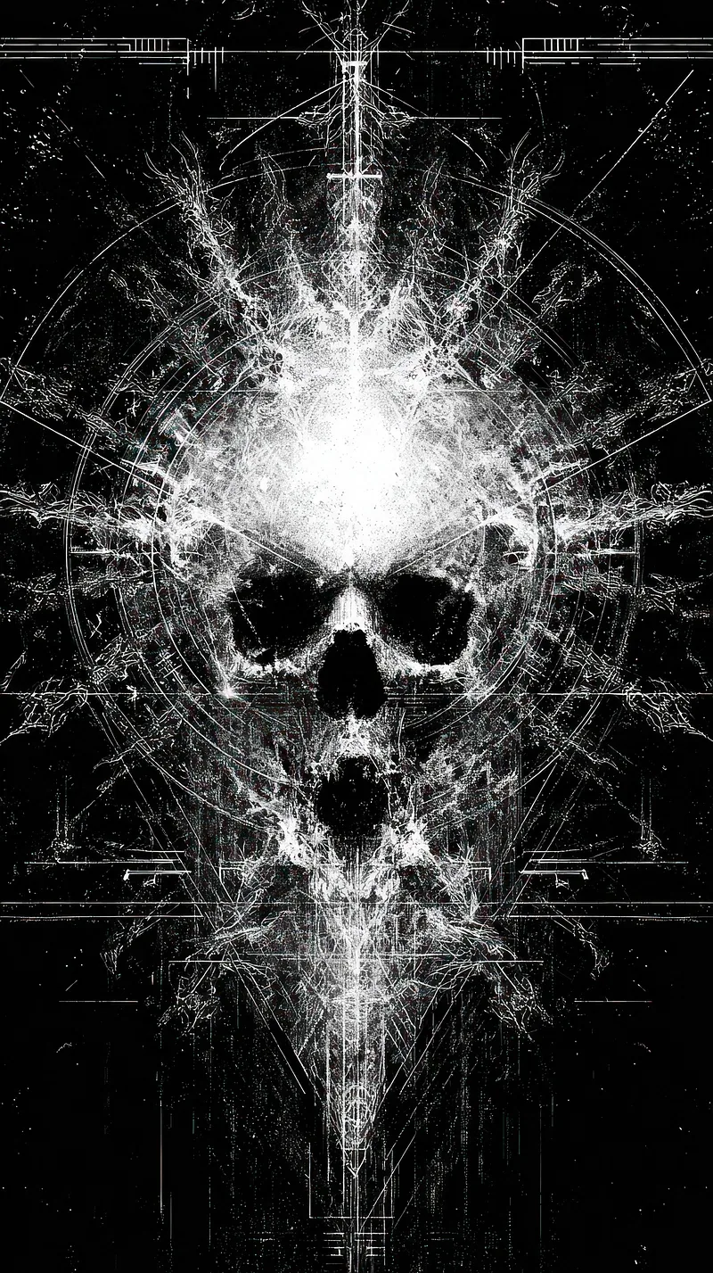 A skull dissolves into fine white filaments and circular geometry lines, brightest at the brow and darkening toward the bottom of the tall frame.