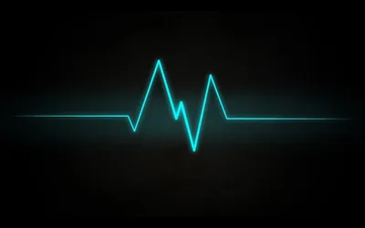 A thin cyan line runs flat across the frame before spiking twice near the centre, its glow bleeding into the dark.