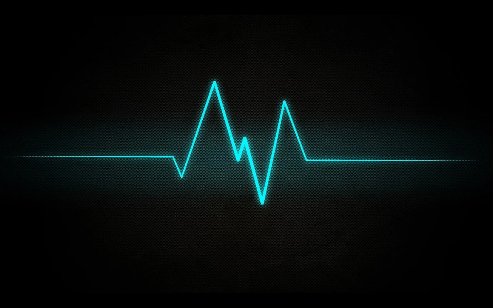 A cyan pulse line runs flat across the frame before spiking twice at the centre, its glow bleeding into the dark.