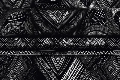 Hand-drawn bands of triangles, zigzags, dots and diamonds stack across the frame in white ink on black, every strip carrying a different tribal motif.