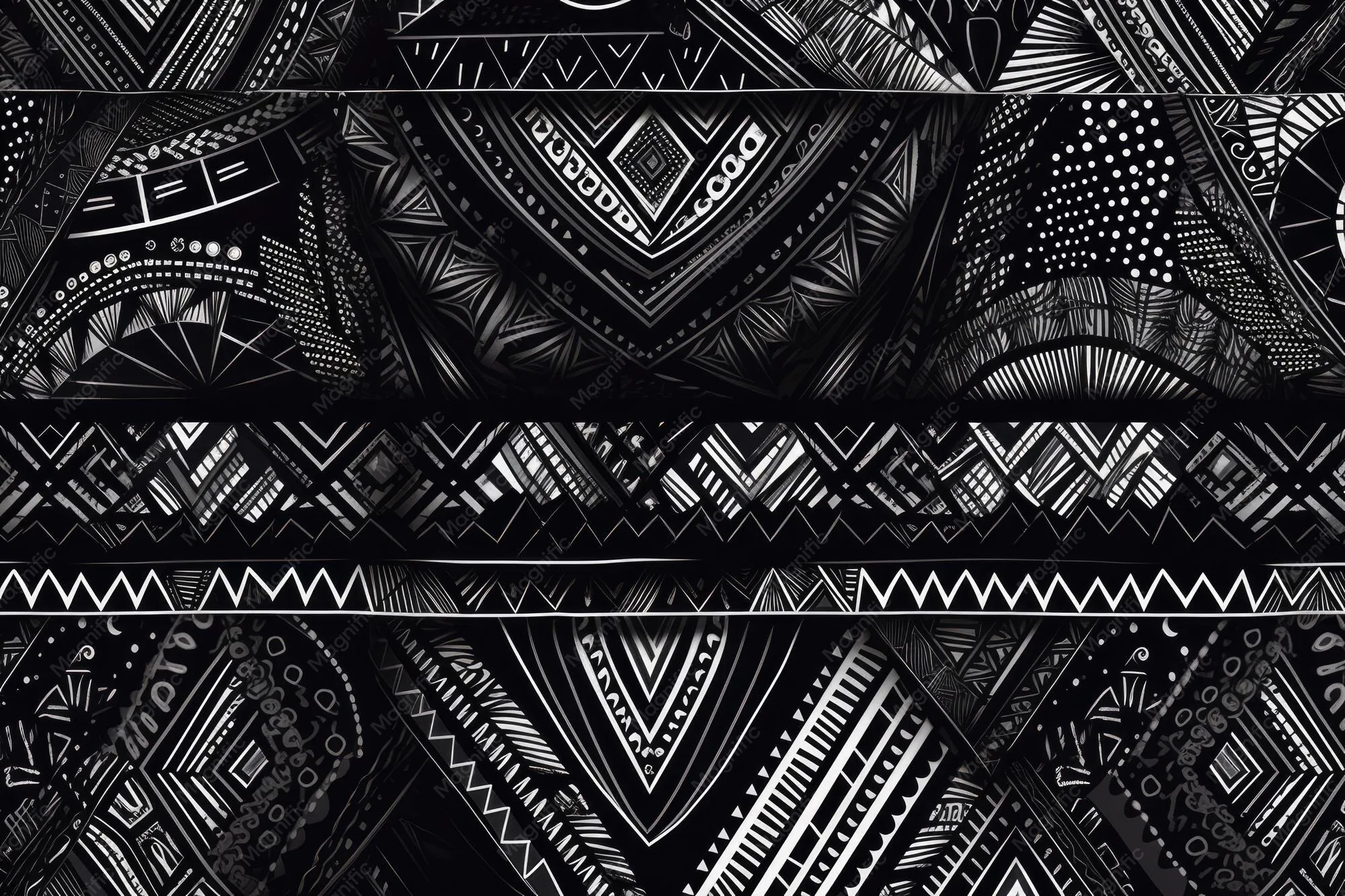 Hand-drawn bands of triangles, zigzags, dots and diamonds stack across the frame in white ink on black, every strip carrying a different tribal motif.