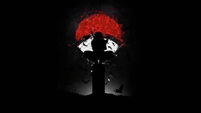 The Uchiha fan painted in dripping red above a silhouette clinging to a tall post, crows circling out into the black surround.