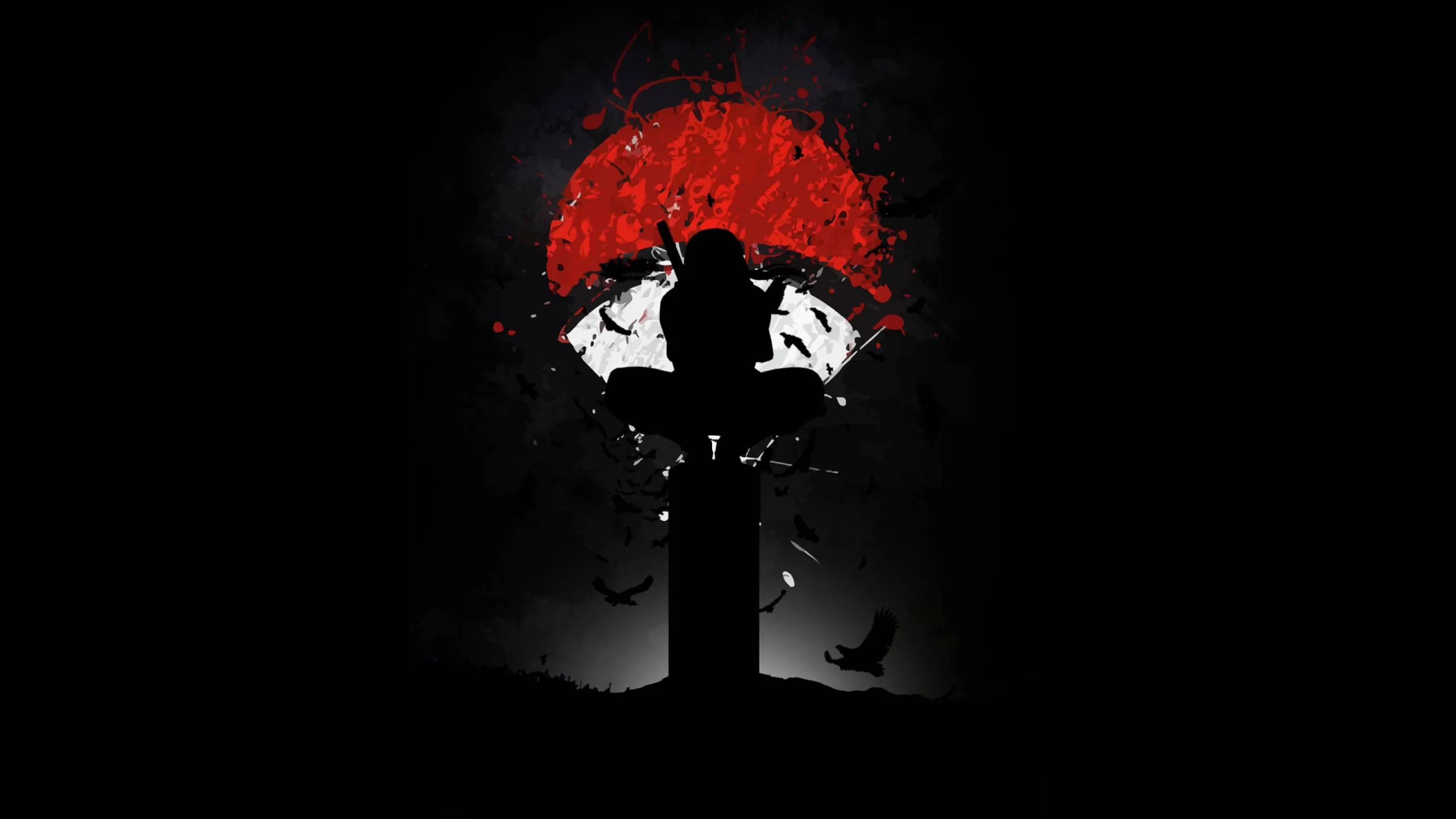 The Uchiha fan painted in dripping red above a silhouette clinging to a tall post, crows circling out into the black surround.