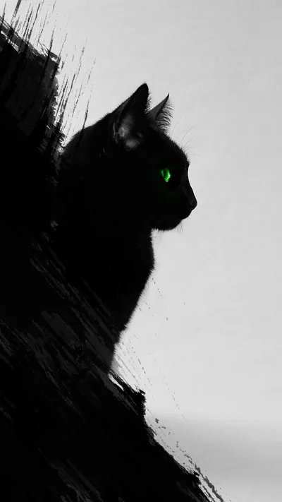 A cat drawn as a rough black brushstroke silhouette on off-white paper, a single bright green eye the only spot of colour.