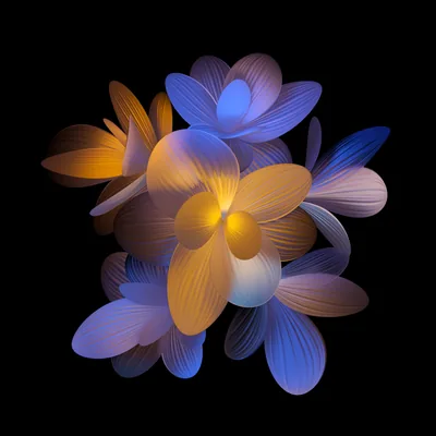 Translucent CGI petals fan out in violet and amber, lit from within so the centre glows while the corners stay true black.