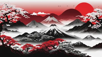 Ink-washed peaks line up beneath two deep-red suns, black blossom branches framing the corners while the white sky keeps dark desktop text readable.