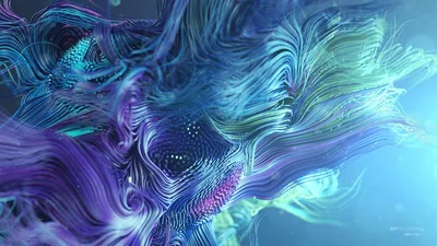 Fine hair-like strands stream in purple and teal currents, dissolving into a bright aqua mist along the right edge of the frame.