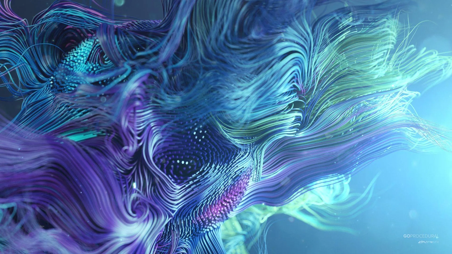 Fine hair-like strands stream in purple and teal currents, dissolving into a bright aqua mist along the right edge of the frame.