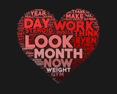 A heart built entirely from words like day, work, month and weight in reds and pinks, the surrounding frame flat black right to the edges.