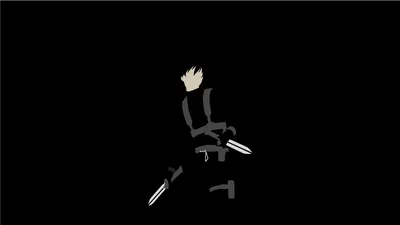 A spiky-haired character slouches in an office chair holding twin blades, drawn as flat black shapes with only a few white highlights.
