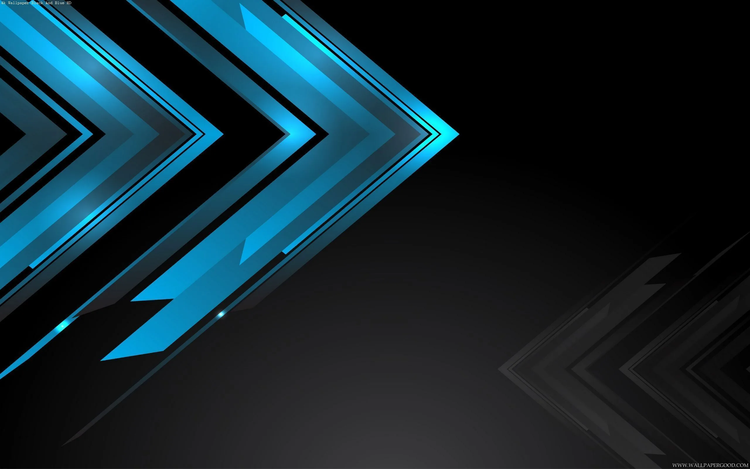 Layered cyan chevrons point in from the left edge, their grey outlines echoing across an empty black right half.