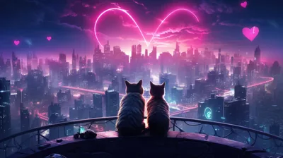 Two cats sit shoulder to shoulder on a curved rooftop rail while a pink neon heart arcs over the skyline, purple haze and floating hearts filling the gap between towers.
