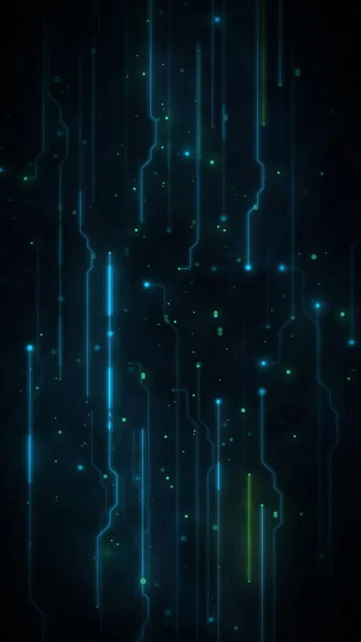 Thin cyan lines drop through a dark teal field with points of light scattered between them, one green streak sitting lower right.