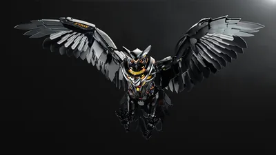 A chrome and black robotic owl spreads its layered metal wings, gold eyes lit against a smooth dark grey backdrop.