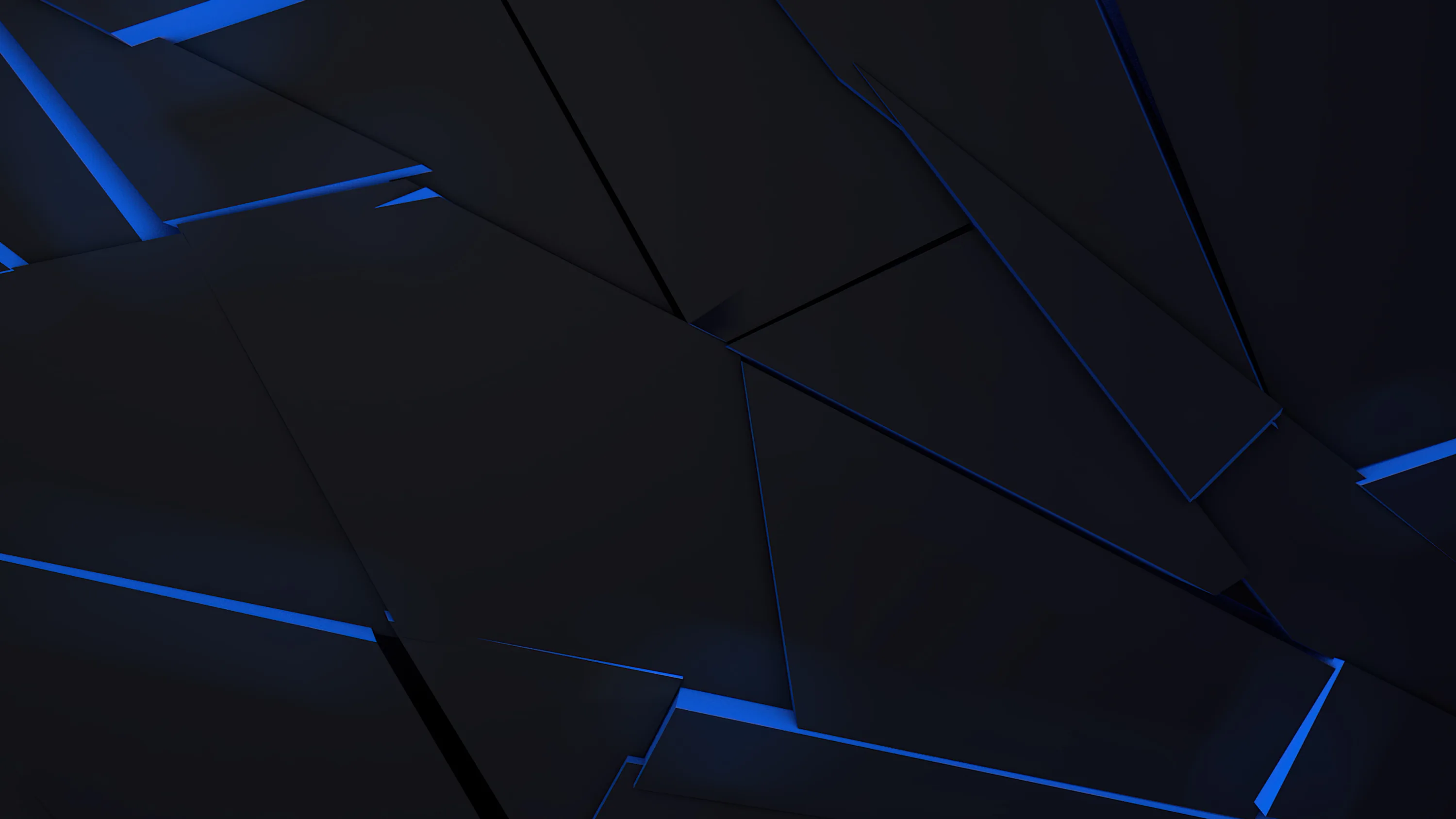 Flat black plates fit together like broken glass, electric blue light escaping the narrow gaps between them.