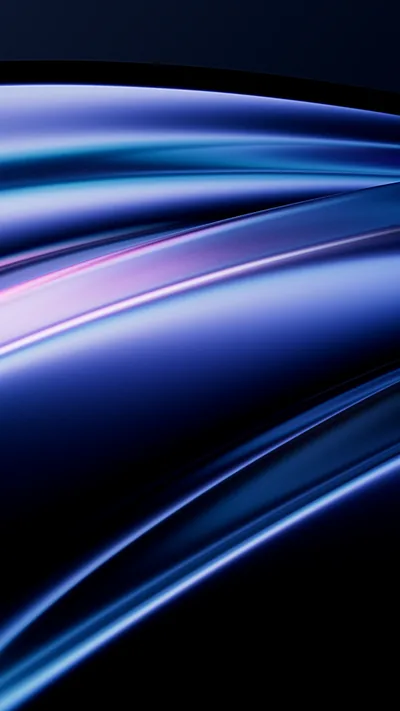 Wide glossy bands arc from the lower left in blue and violet, catching a pink highlight before the black takes over.