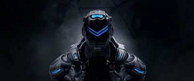 A heavy powered-armour helmet fills the centre, blue light tracing the visor and shoulder plates while smoke swallows the background.