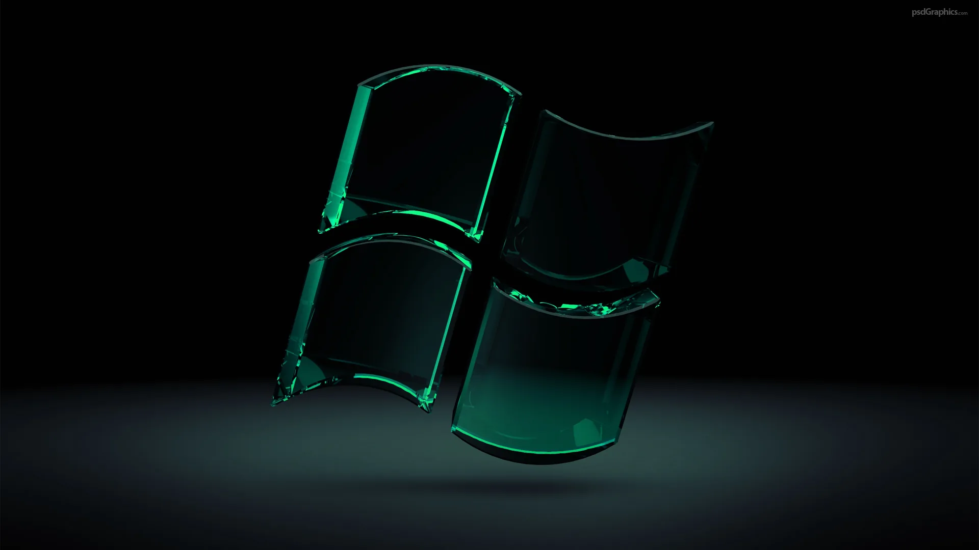 The four-pane Windows mark rendered as thick translucent green glass, floating above its own reflection on a dark floor.