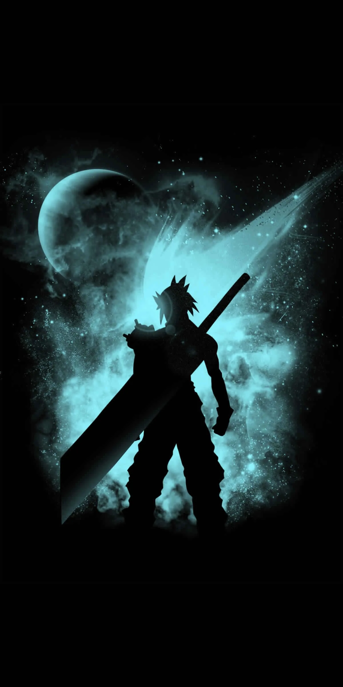 Cloud's silhouette filled with a blue star nebula, Buster Sword over his shoulder and a pale moon behind — the frame corners fall away to black.
