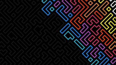 A labyrinth of right-angled lines covers the whole frame, black on black at the left and shifting through blue, pink and gold at the right edge.