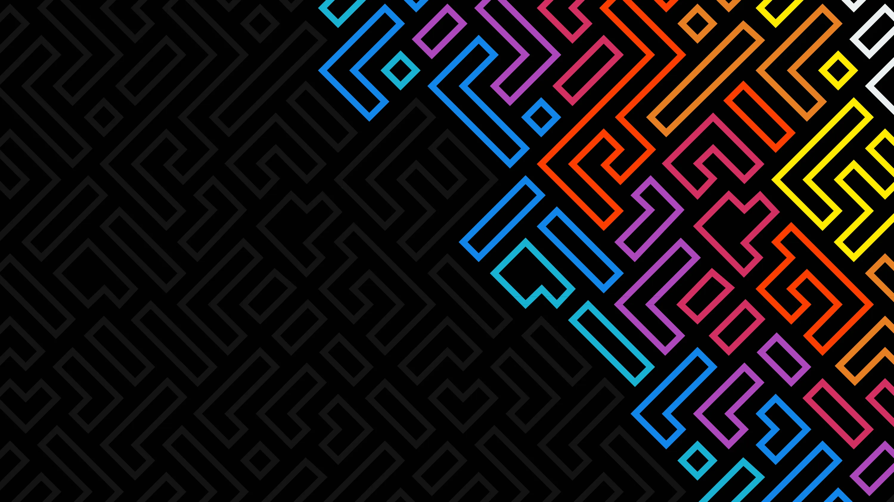 An embossed maze pattern covers matte black, lighting up in neon red, blue, and orange only along the right edge — the left side stays clear for icons.