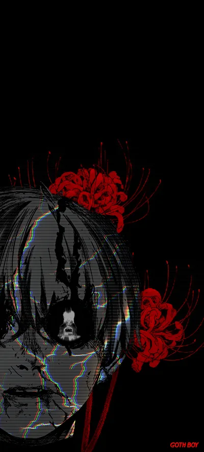 A face dissolves into horizontal scan lines while red spider lilies bloom across the right side, the lower half left in solid black.