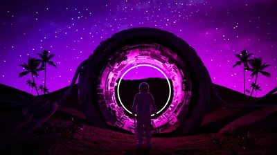 A lone astronaut stands before a glowing violet ring set into a hillside, palm silhouettes and a star field filling the sky.