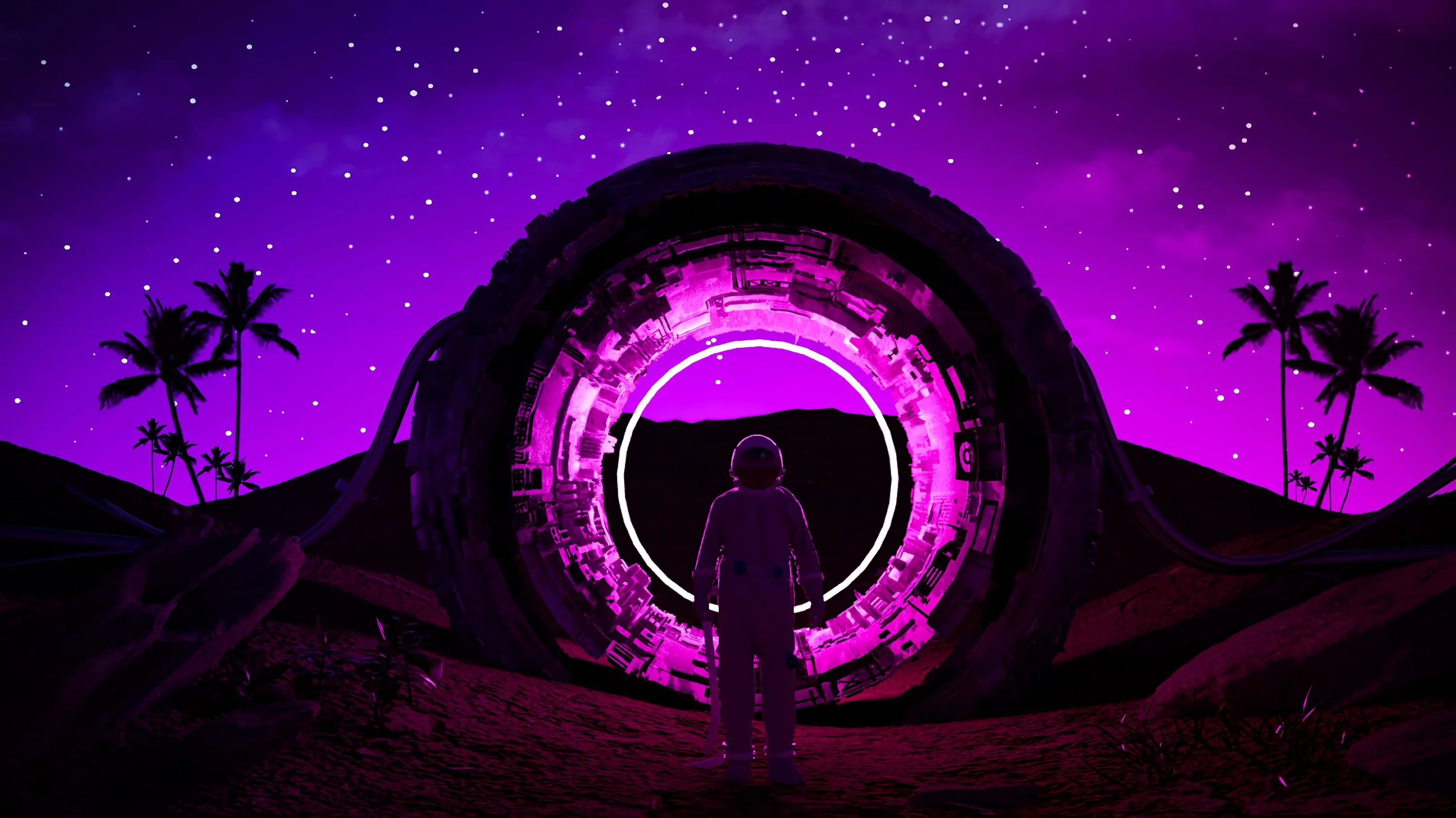 A lone astronaut stands before a glowing violet ring set into a hillside, palm silhouettes and a star field filling the sky.