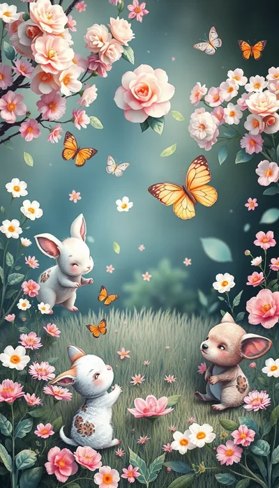 Small rabbits and a fawn play in a flower garden under drifting butterflies, the misty teal centre the calmest spot for clock text.