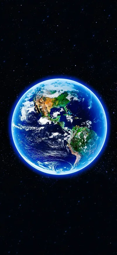 The Americas sit inside a neon-blue atmospheric ring centred mid-screen, star-flecked black above and below leaving the clock and dock areas clear.