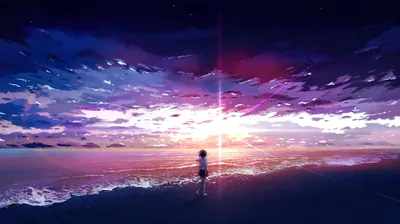 A thin column of light splits the violet sky where a small figure walks the wet sand, the mirrored shoreline holding the frame's only brightness.