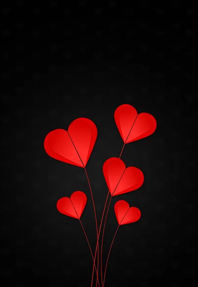 Folded paper hearts in bright red rise like flowers from the bottom of a deep maroon-black field.