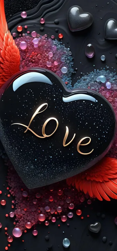 A glittered black heart carries the word love in gold cursive, red feathers and beads of pink and violet water scattered around it in a 3D render.