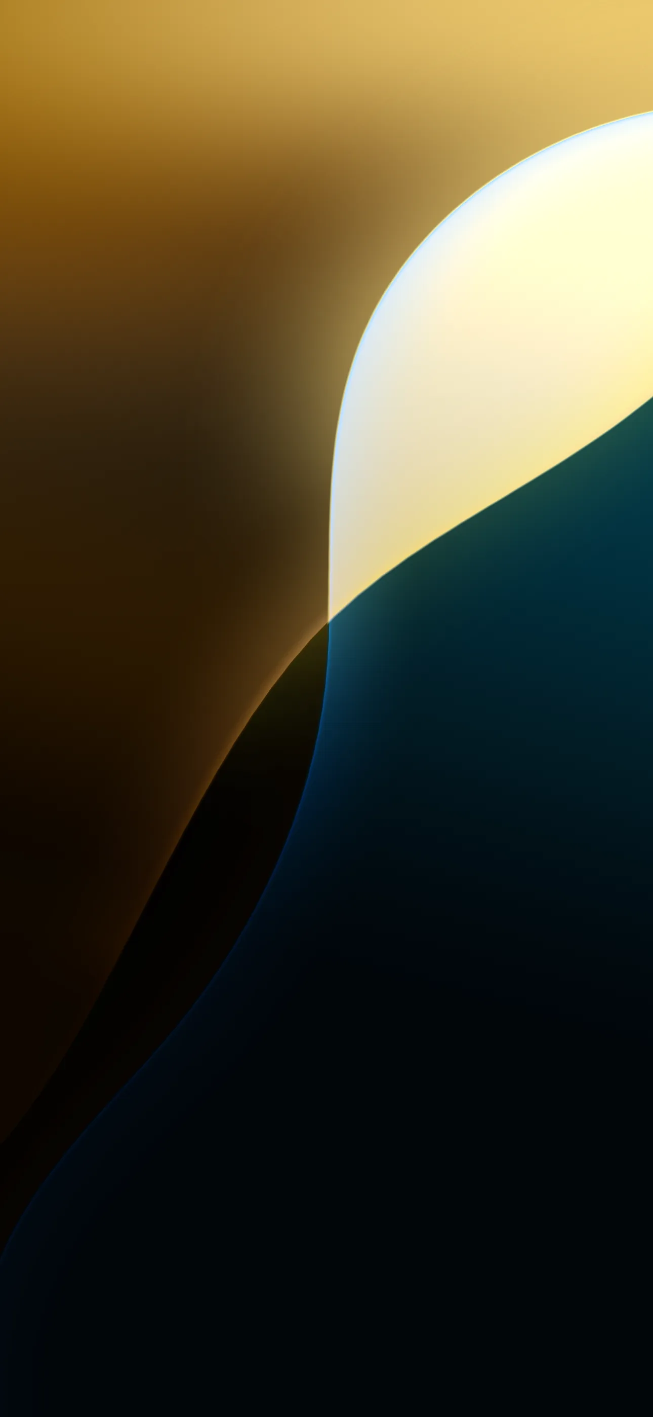 A pale sun-like glow rises between two curved slopes, one warm gold and one teal-black, in the official iOS 18 style.