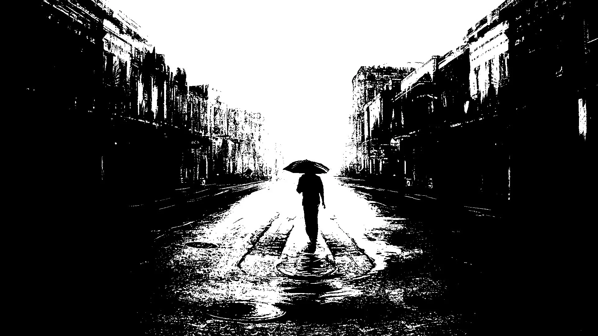 A lone silhouette stands mid-road between rows of buildings, the scene stripped to hard black and white with wet reflections underfoot.