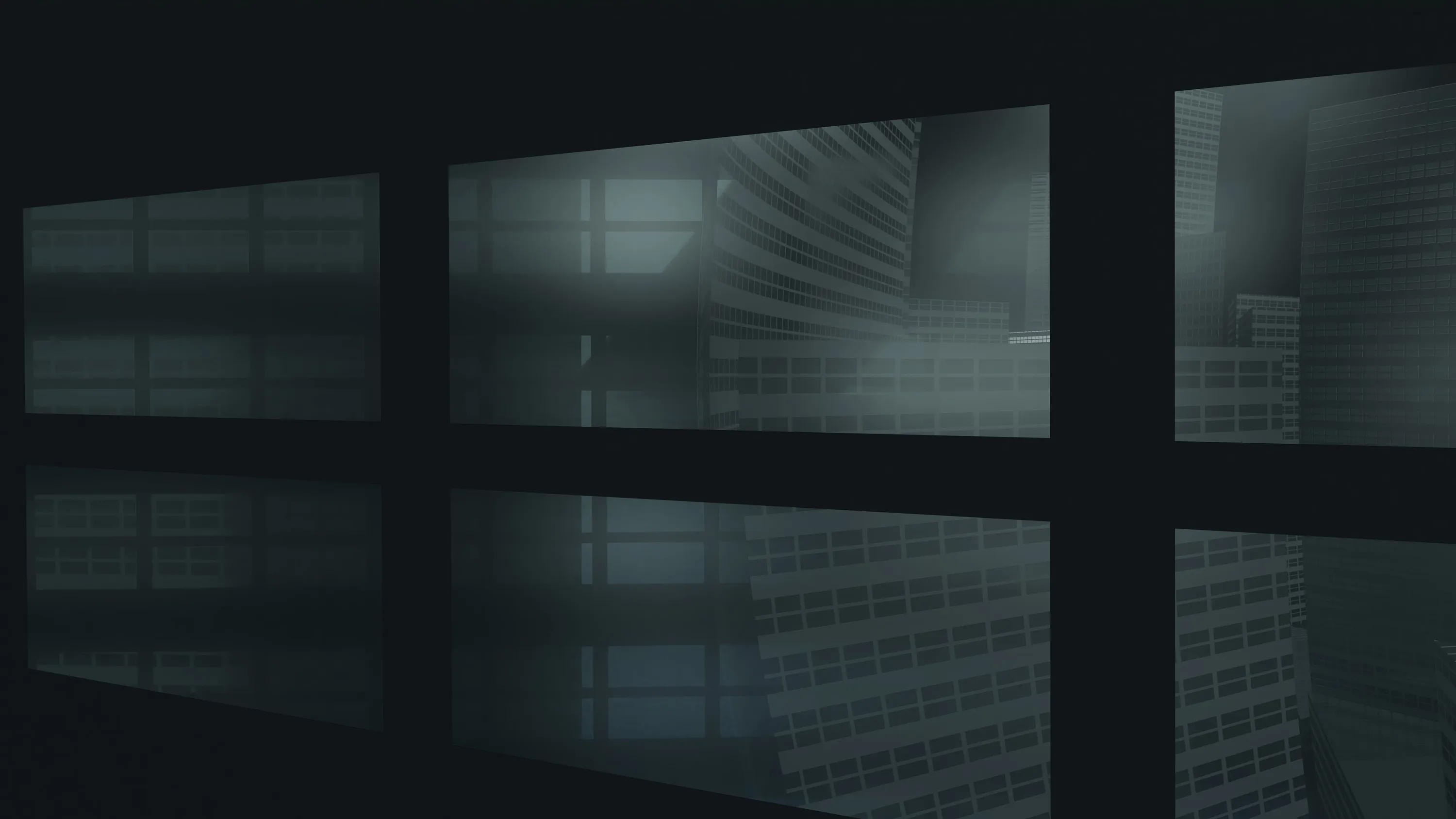 Three tall panes of grey-green glass look onto an unlit stairwell, the whole row mirrored again in the polished floor below.